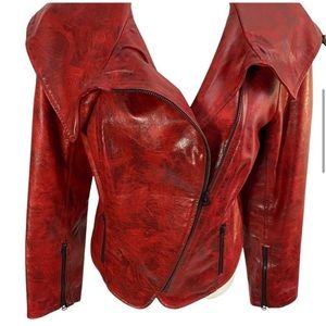 Alice + Olivia 100% lambskin red leather shawl collar asymmetric zip moto jacket